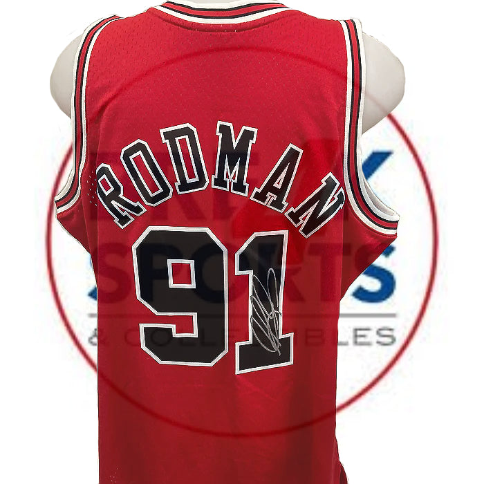 DENNIS RODMAN SIGNED RED M&N NBA SWINGMAN BASKETBALL JERSEY (JSA COA)