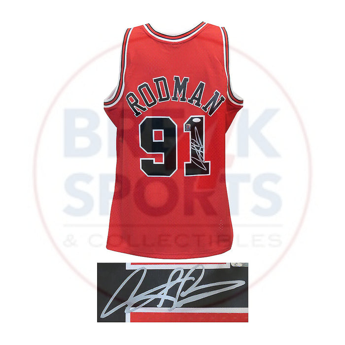 DENNIS RODMAN SIGNED RED M&N NBA SWINGMAN BASKETBALL JERSEY (JSA COA)